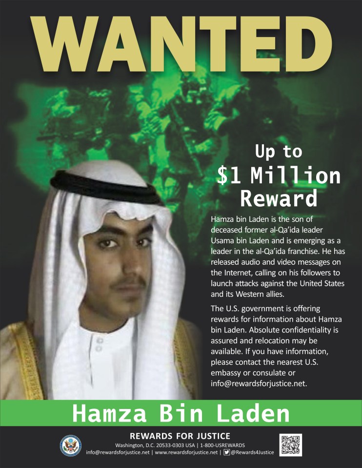  A 'Wanted' poster for Hamza bin Laden, the son of late al-Qaeda leader Osama Bin Laden