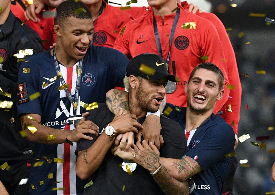  Neymar celebrated PSG's win in the Trophee des Champions but was pushed out of the picture by team-mate Kylian Mbappe