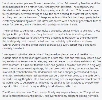  The wedding planner outlined the mortifying incident on a Reddit thread