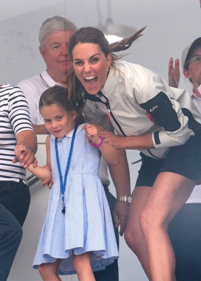  The Duchess of Cambridge was pictured laughing uproariously after four-year-old Charlotte stuck her tongue out to crowds on Thursday