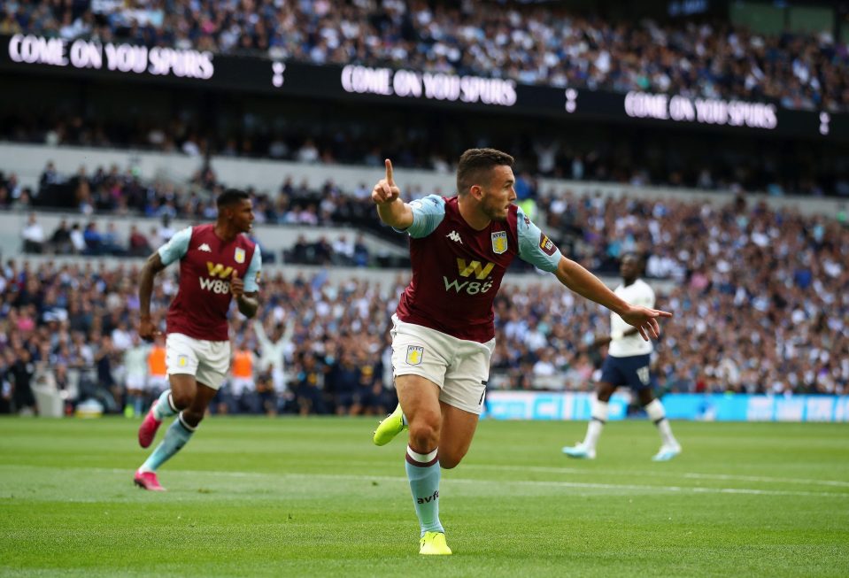  John McGinn spreads his arms as he celebrates putting Villa 1-0 up against Spurs