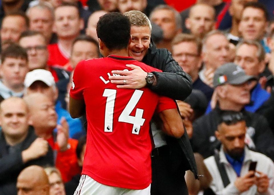  Man Utd chief Ole Gunnar Solskjaer celebrates victory with Jesse Lingard