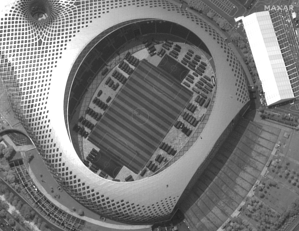  This aerial photo shows the Chinese military inside the Chunjian stadium in Shenzhen