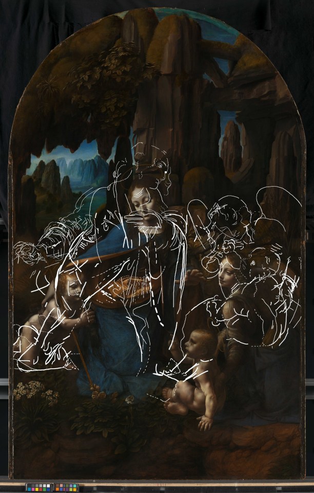 State-of-the-art imaging techniques have found Leonardo’s early sketches for the angel and the infant Christ (white outlines)