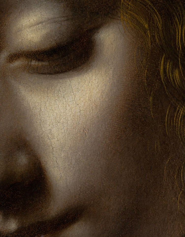 Raking light detail of the Virgin’s eye and cheek including a handprint thought to be left by Leonardo himself