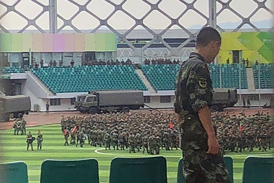  Chinese military personnel gather at the Shenzhen Bay stadium in Shenzhen