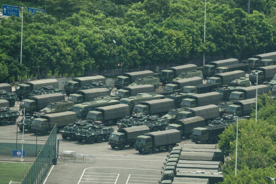  Hundreds of military vehicles could be seen parked near the border of Hong Kong