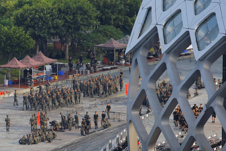  Chinese soldiers in formation near the Hong Kong border