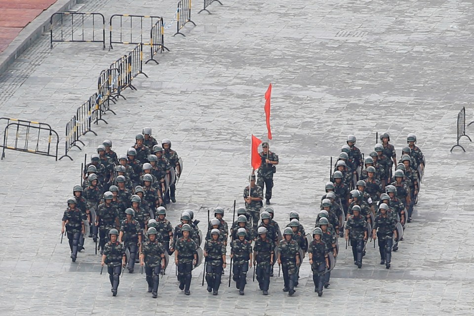  Chinese servicemen at Shenzhen Bay Sports Centre in Shenzhen across the bay from Hong Kong