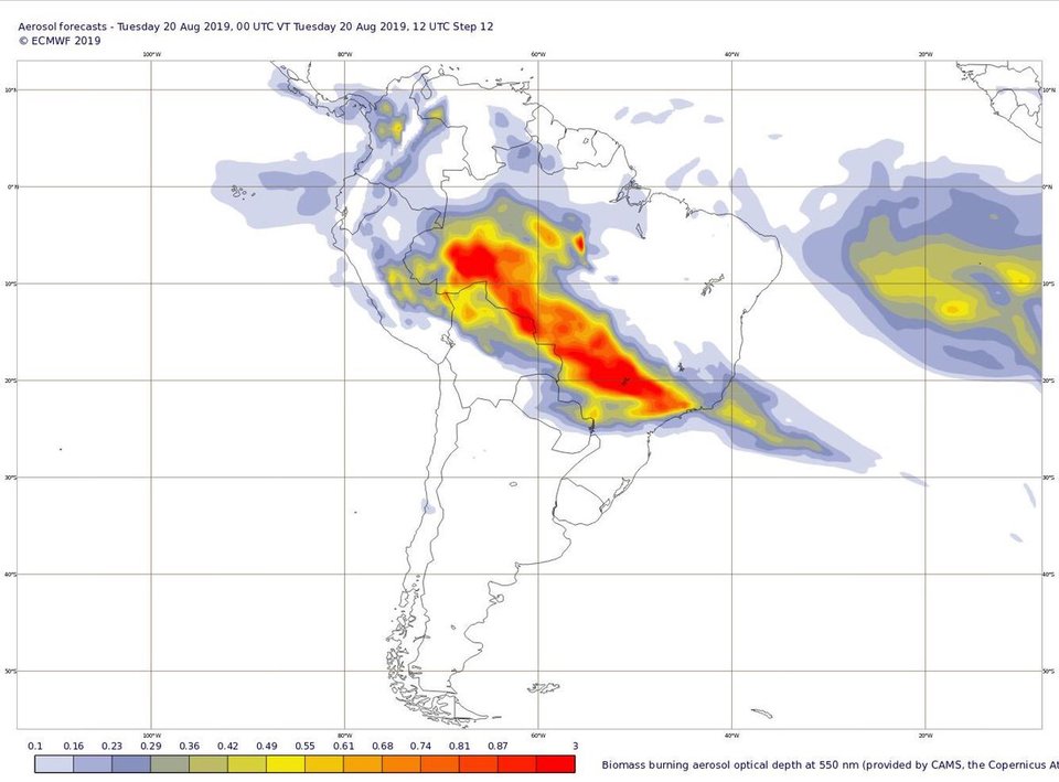  Satellite image showing the smoke from the fires in the Amazon rainforest sweeping across Brazil and other South American countries