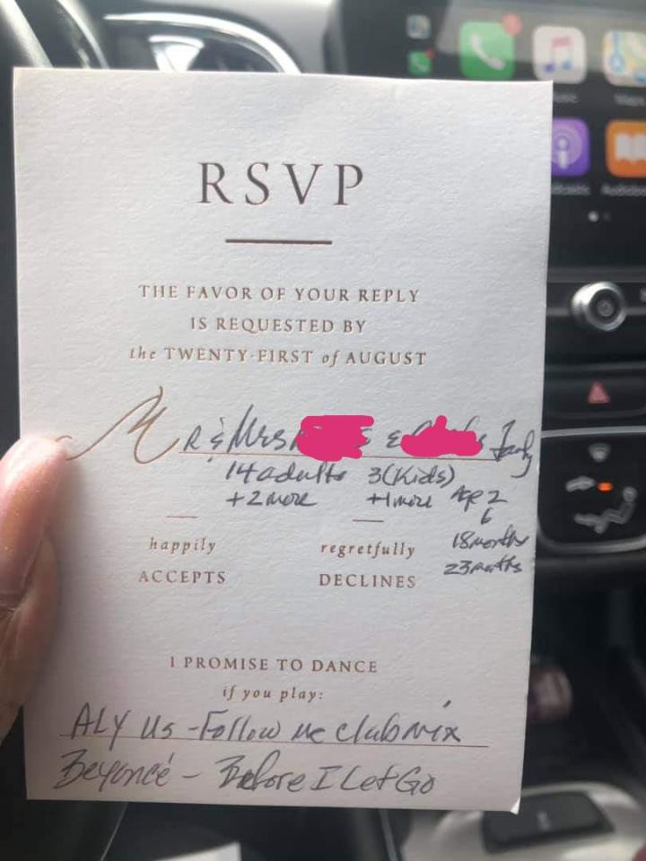  A wedding guest has been slammed for RSVPing for herself and 21 guests on her wedding invitation