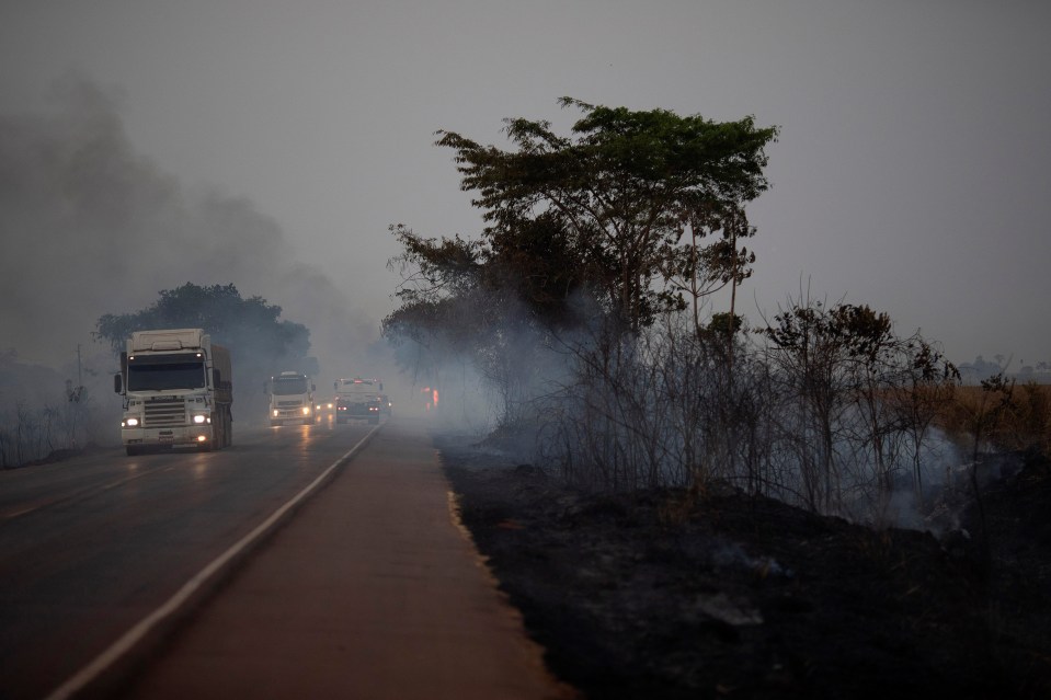  Truck drivers travel alongside burning fields in Mato Grosso