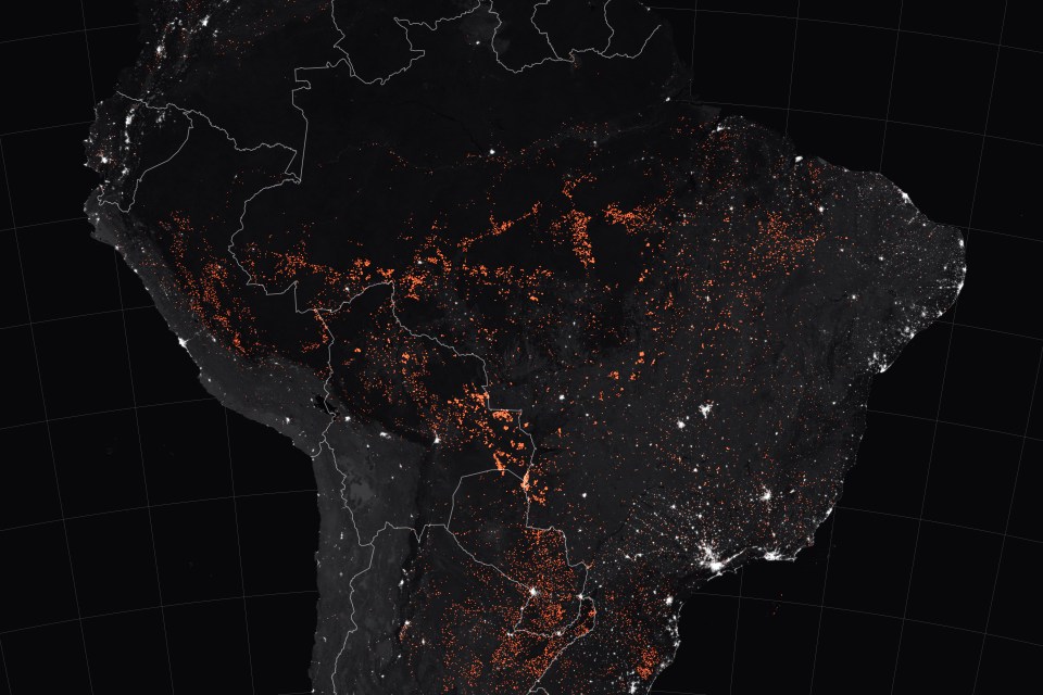  Viewed at night, the fires are clearly visible from space