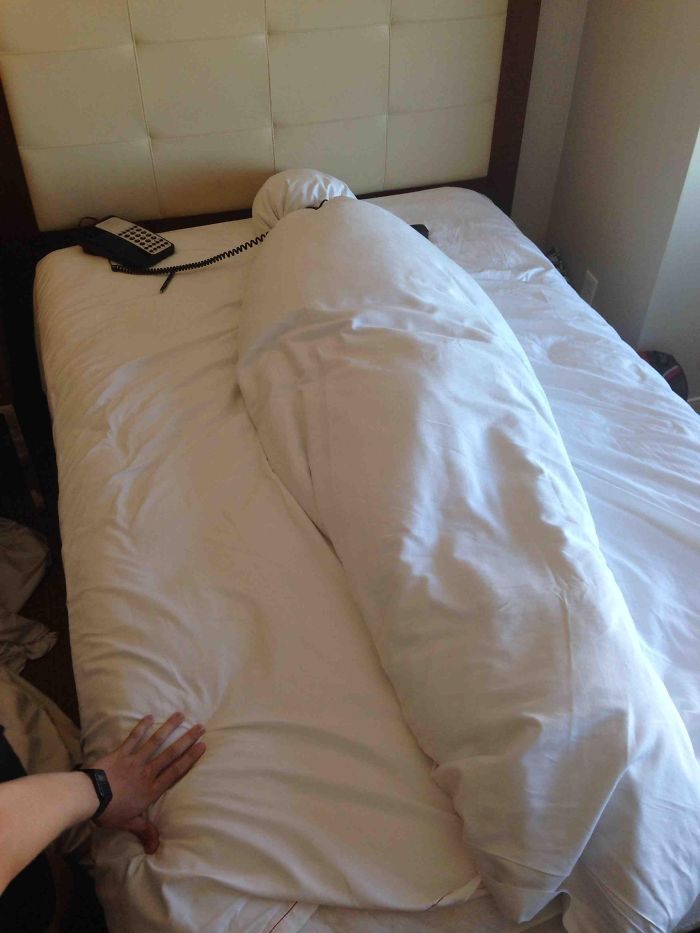  Another decided to give the hotel cleaner a heart attack by wrapping their duvet up in the shape of a person