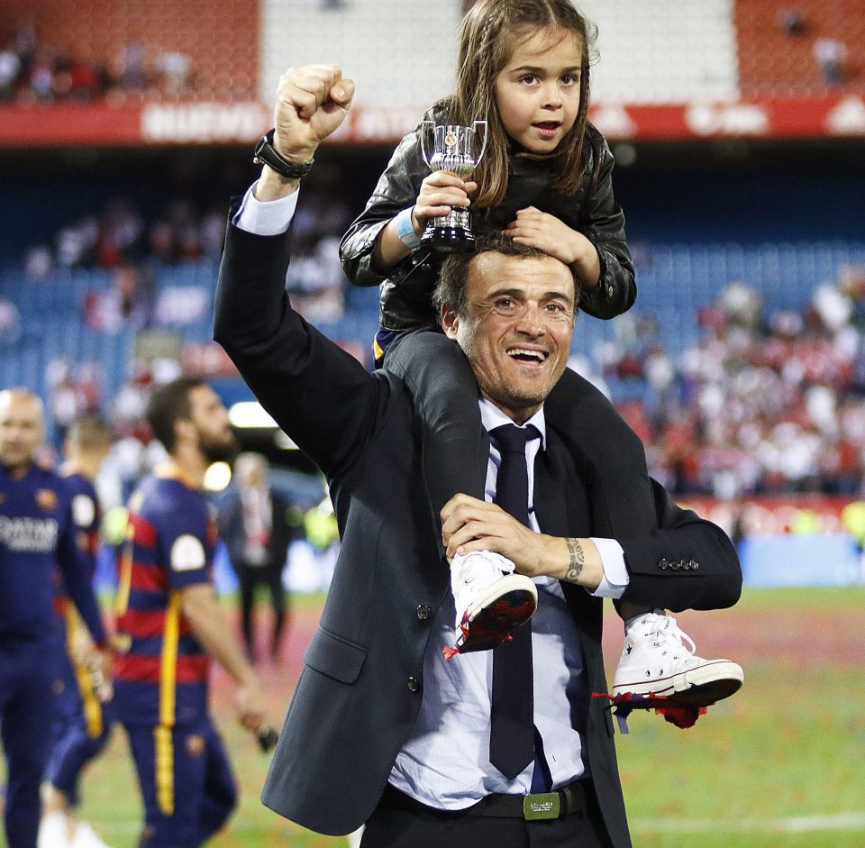  Luis Enrique with Xana on her shoulders after the Copa Del Rey final