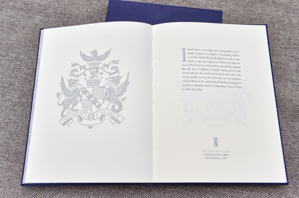 The commemorative item includes the full speech of the text Charles Spencer read out over two decades ago at Diana’s funeral