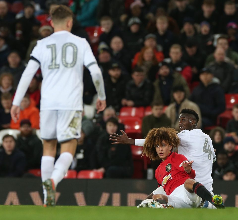  Mejbri found himself on the end of some tough tackles from Leeds youngsters