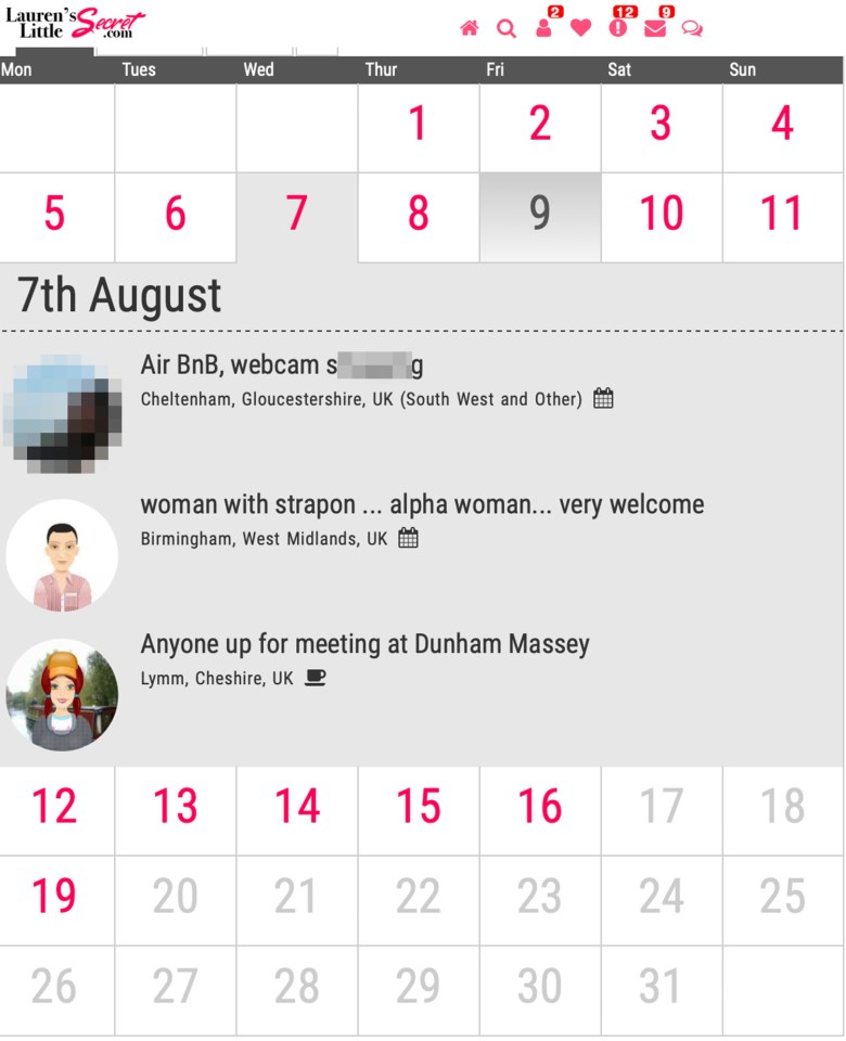  The website's calendar advertises raunchy sexual encounters