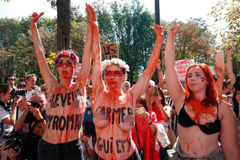  Protesters in Paris took their tops off to make their point in front of the Brazilian embassy