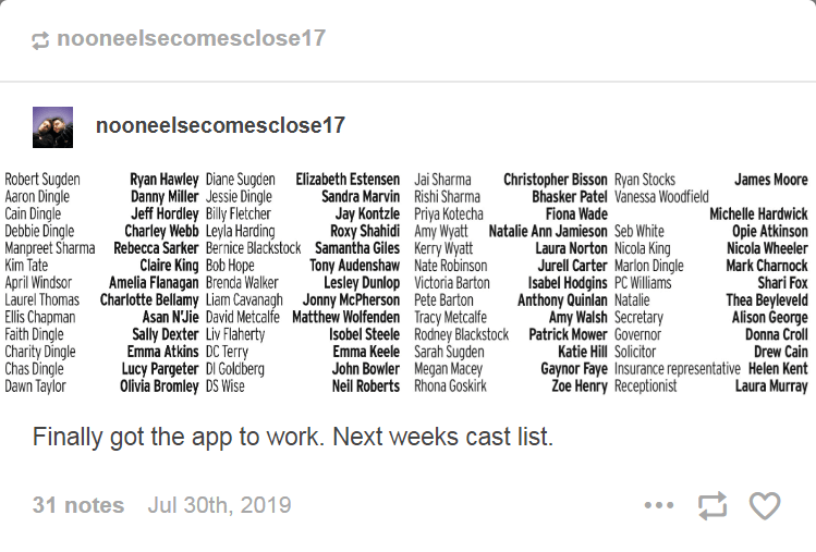  A Tumblr user posted Emmerdale's potentially revealing cast list for next week's episodes, available on the soap's app