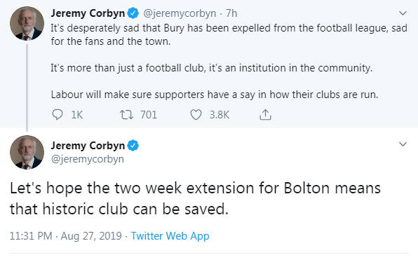 Jeremy Corbyn has been blasted for making cheap political capital over the demise of Bury and struggles of Bolton