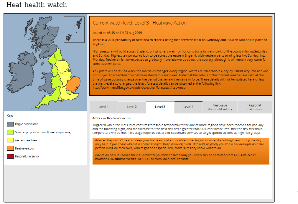  An amber 'Level 3' heat warning has been launched, meaning the Met Office expects temperatures to soar past the threshold, so the young and old should stay out of the sun