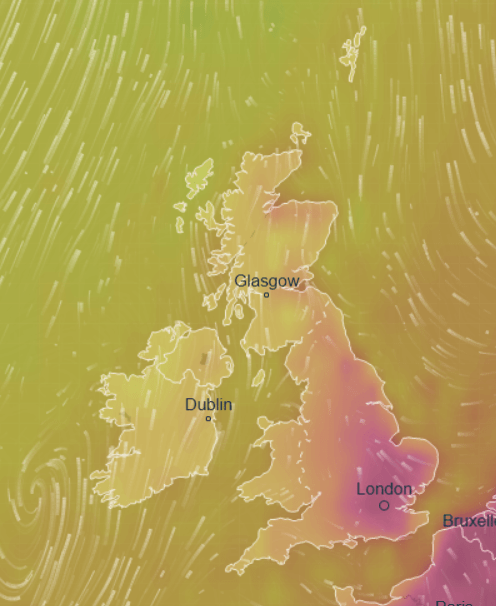  This weather map shows intense heat sitting over much of the UK on Tuesday afternoon, especially in southern and eastern England