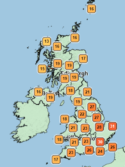  Temperatures will push into the 30s today in parts of England, as this Met Office weather map for 1pm on Tuesday shows