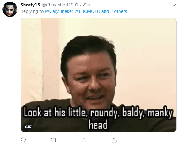  Another person used a clip of Ricky Gervais making fun of a bald person to continue the joke