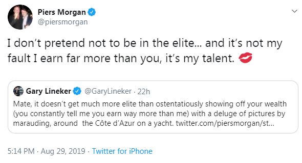  Piers snidely remarks he has more talent than Gary in this tweet