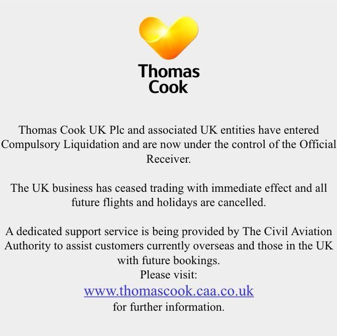  Thomas Cook announced it had gone bust after 178 years