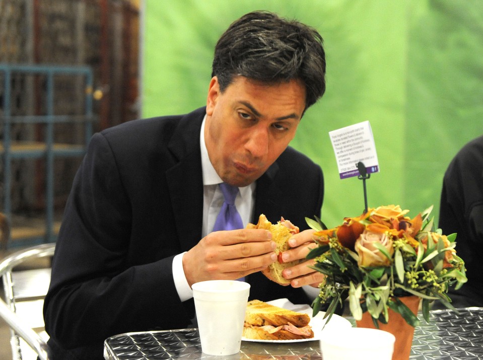  Former Labour leader Ed Miliband tucks into a bacon sarnie in a famous 2014 snap