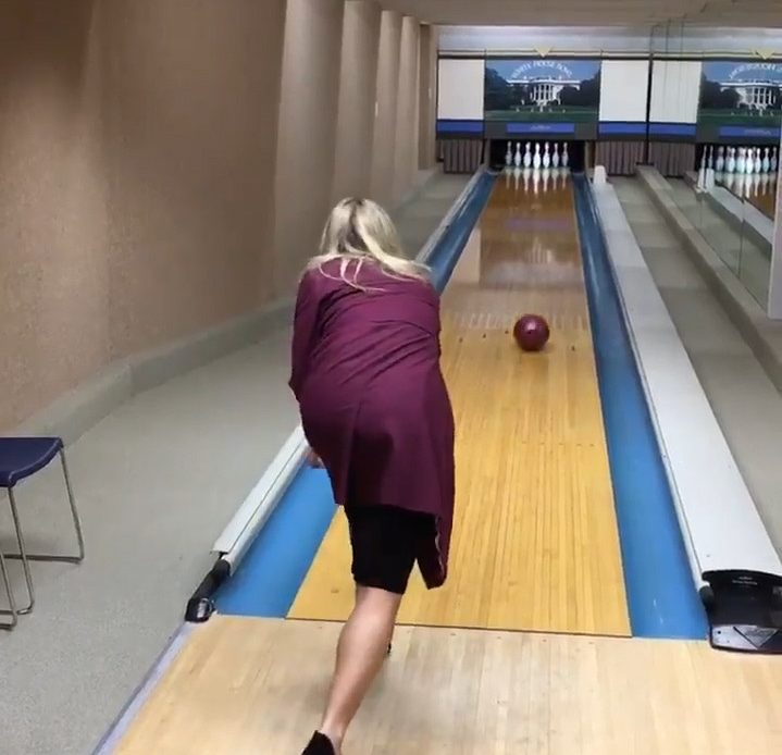 Vanessa Trump, then-wife of Donald Trump’s son Donald Trump Jr, tests out the bowling lane in 2017