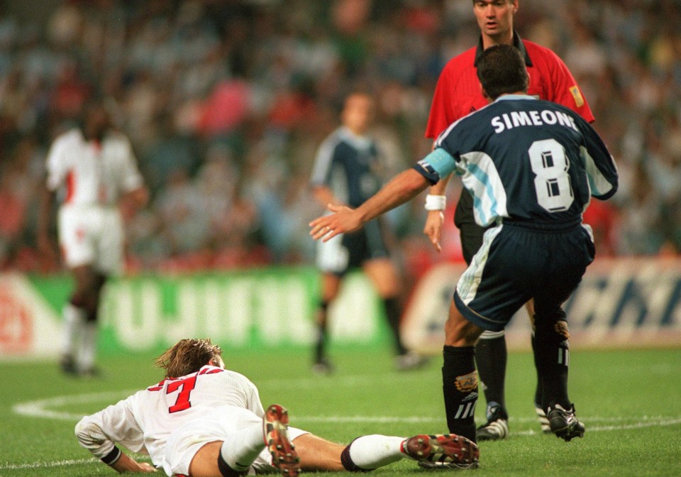 David Beckham kicks out at Argentina’s Diego Simeone at France 98 before getting sent off