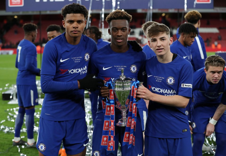  Tino Anjorin, Callum Hudson-Odoi and Gilmour pose with the FA Youth Cup after beating Arsenal in the 2018 final