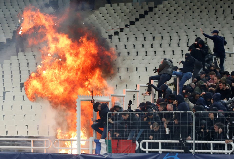  Greek supporters had hurled a petrol bomb at the away end in November