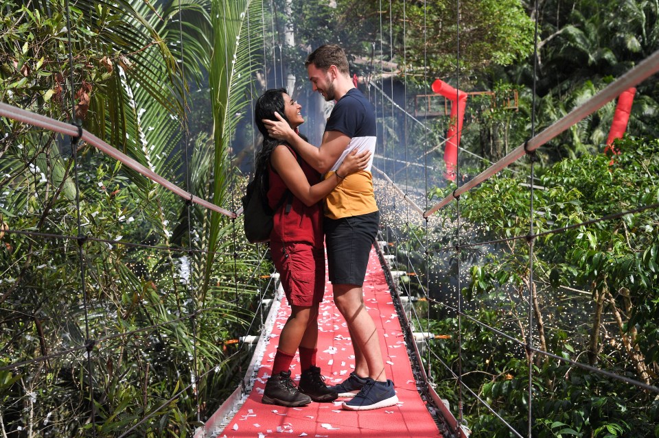 Sair pictured with ex boyfriend and fellow soap star Simon Lennon after she was evicted from the I’m A Celebrity jungle in 2018