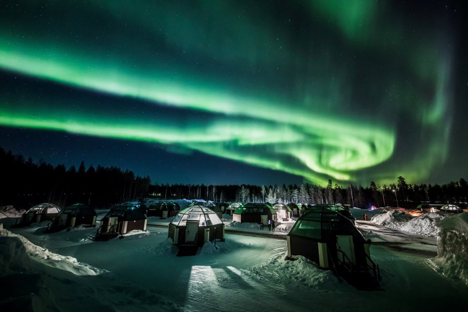  The Aurora Borealis (Northern Lights) is seen in the sky over Arctic Snowhotel in Rovaniemi, Finland