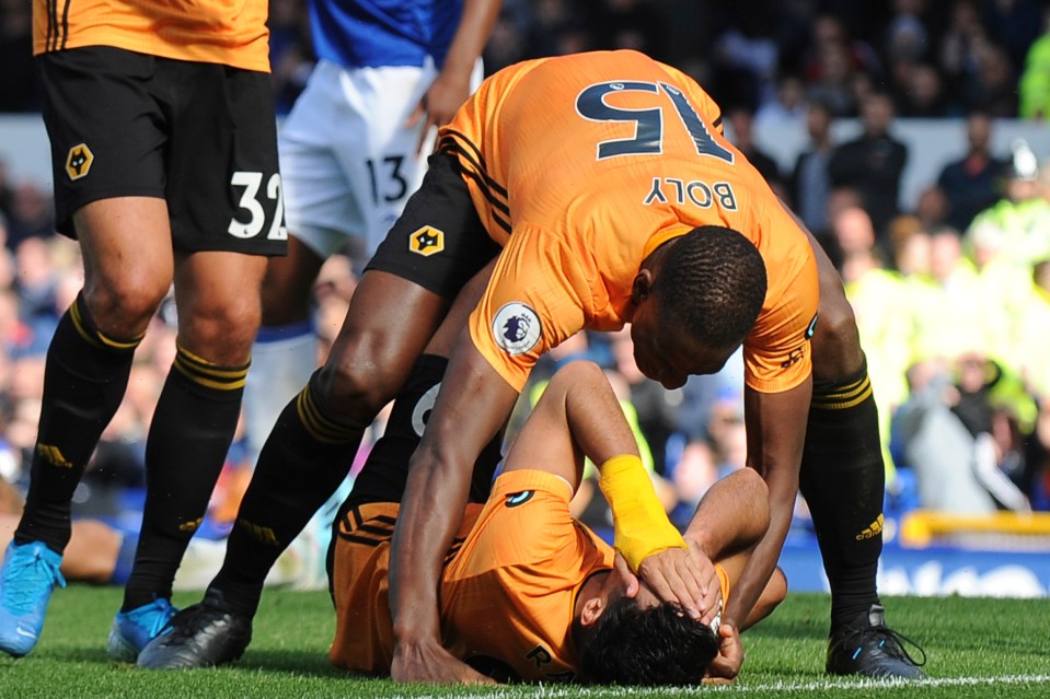  Raul Jimenez reacts after getting injured scoring for Wolves