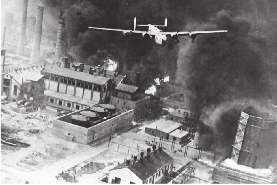  A B-24 photographed by the preceding bomber over the Astra Romana refinery