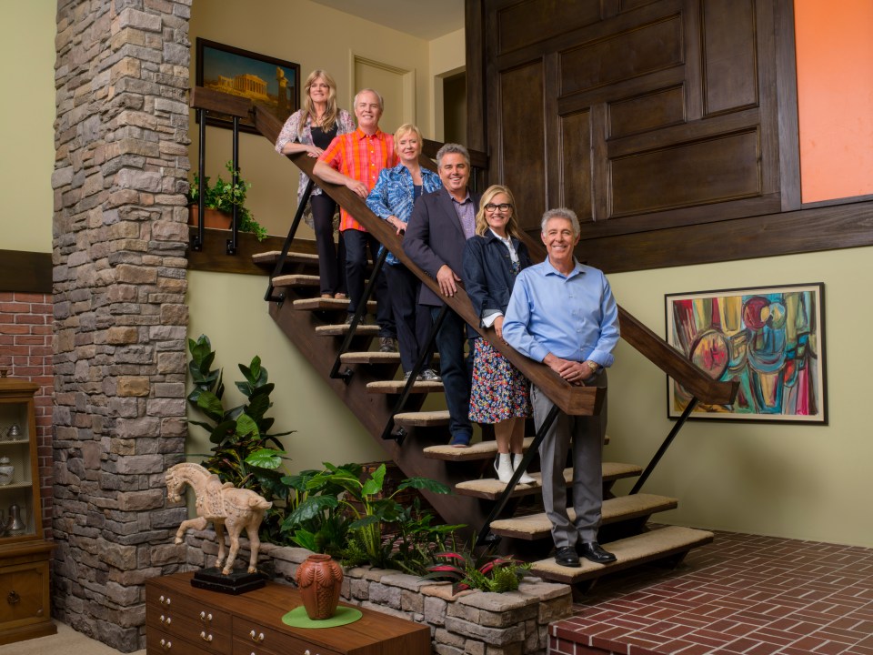 The cast of The Brady Bunch, from left, Susan Olsen, Mike Lookinland, Eve Plumb, Christopher Knight, Maureen McCormick, and Barry Williams