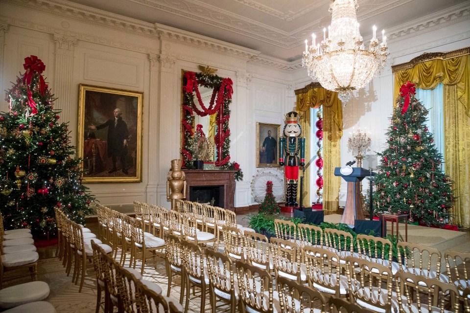 The East Room, seen decorated for Christmas, is also located on the Residence’s first floor