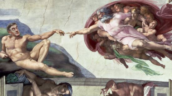  Rees Mogg's head is seen imposed onto the body of Adam in Michelangelo's The Creation of Adam