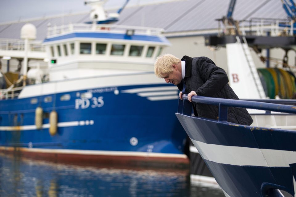  Boris looks into the water as he visits the harbour in Peterhead