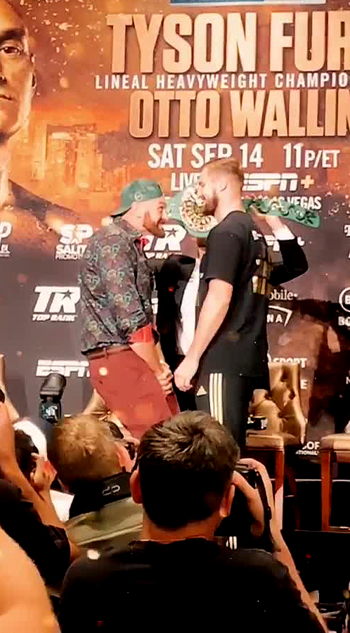 Tyson Fury squares up to Otto Wallin during their press conference ahead of this weekend’s big fight