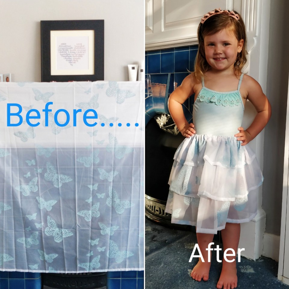  Thrifty mum Becky Lawrence made a dress out of an old shower curtain for her three-year-old daughter Isla