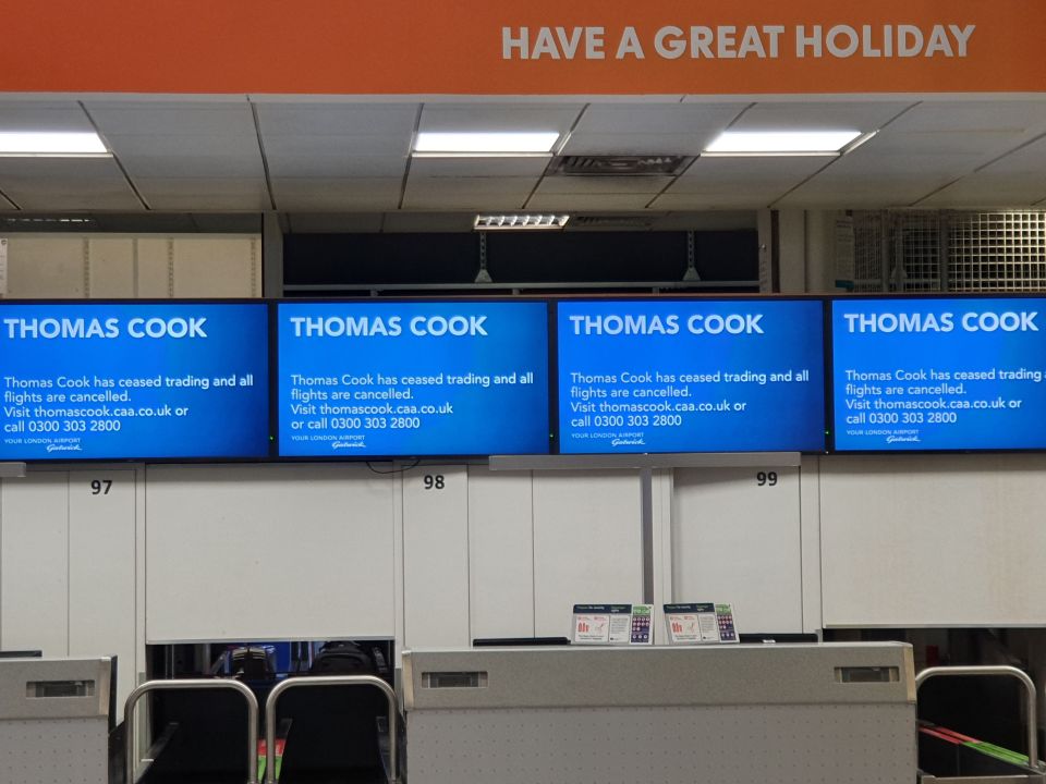  All Thomas Cook check-in desks at Gatwick Airport were closed on Monday morning