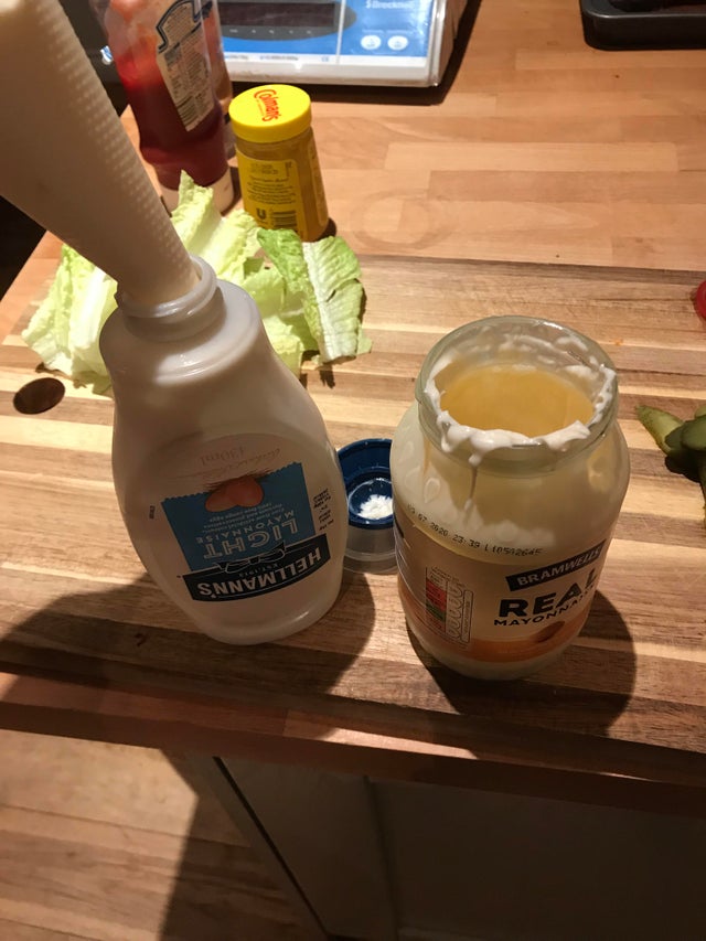  The cheeky husband admitted to piping Aldi's 75p own-brand mayo into a Hellman's Lighter bottle on Reddit