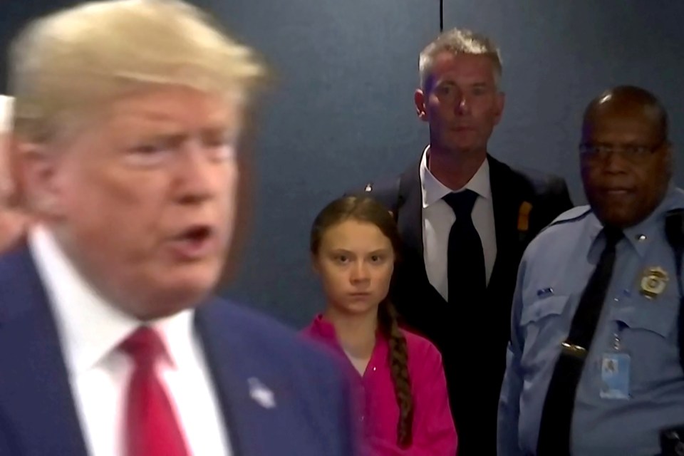  Greta Thunberg gave Donald Trump a furious look as he arrived at the UN climate action summit on Monday