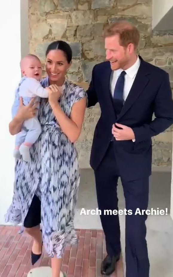  A video on the royals' Instagram page showed giggling Archie with Meghan and Harry on their way to meet Archbishop Tutu